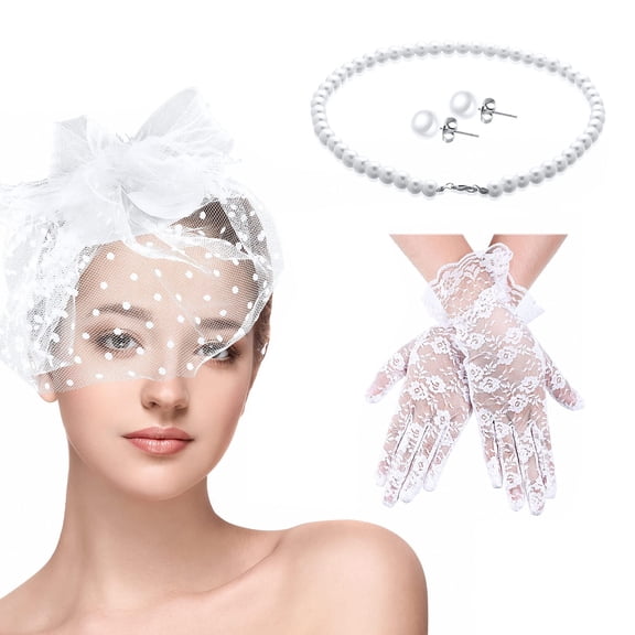 4 PCS Fascinators Hats Set for Women Tea Party Accessory Headpiece Veil Lace Glove Pearl Set.