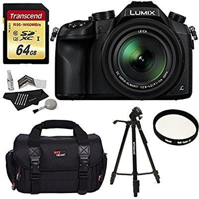 Panasonic Lumix DMC-FZ1000 4K QFHD/HD 16X Long Zoom Digital Camera (Black) + Transcend 64 GB UH3 SD Card + 57 Inch Tripod + Camera Bag + UV