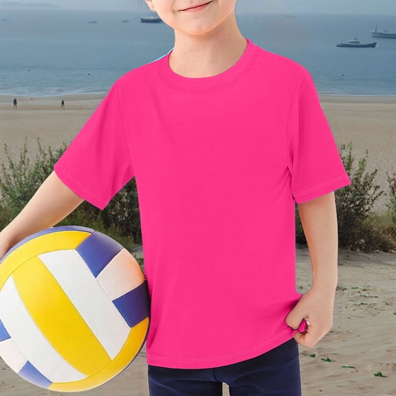 ZHOGXU Kids Boys Summer Swimming T Shirt Short Sleeved Round Neck Solid Color Comfortable Upf 50 Sun Protection Tankini Top For Beach Pool,Hot Pink,3-4 Years