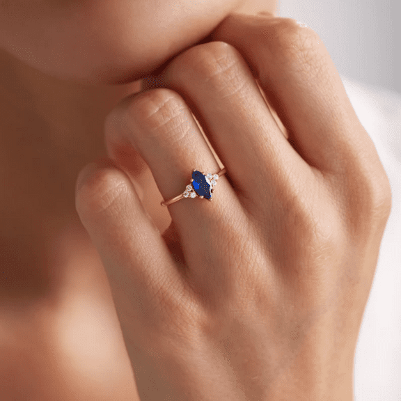 Marquise Cut Blue Sapphire Diamond Proposal Ring in 14k Yellow Gold Vermeil - Vintage Style Wedding Ring For Womens