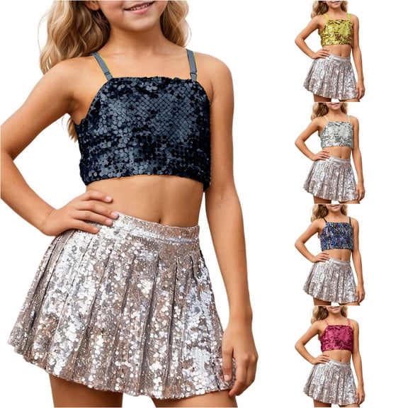 Big Girls Cute Sleeveless T Shirts Carnival Adjustable Elastic Band Sequined Top Exposes The Navel Teen Shirts Size Over 11T ,Black