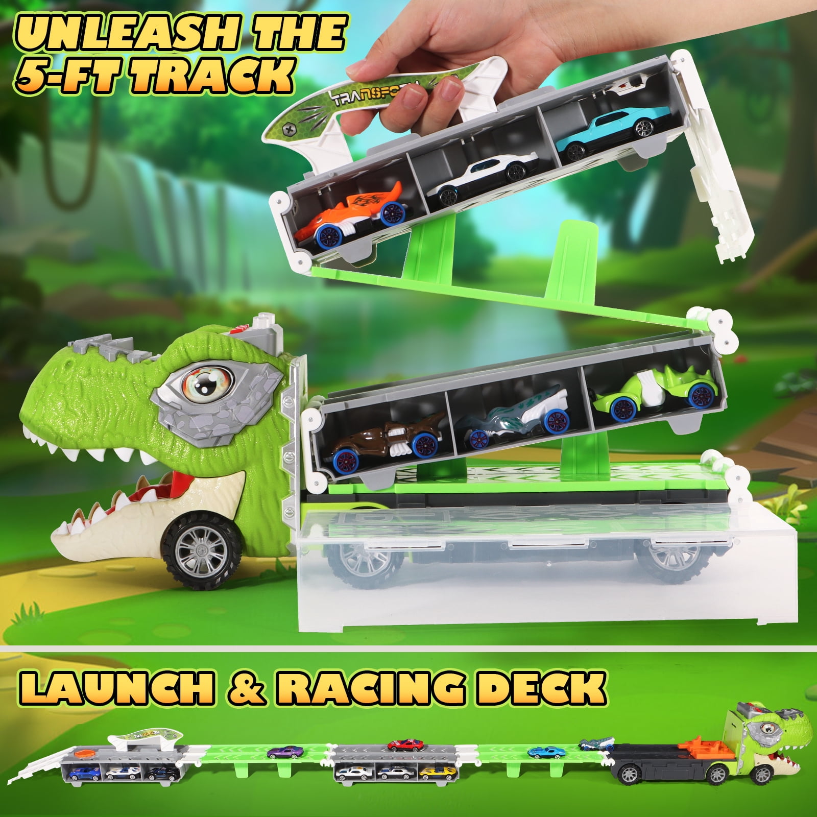 ToyM Dinosaur Truck Toys  for 3 4 5 Years Old Boys, Toddler, Foldable Track & 2 Player Race Mode, Light & Sound, 5-FT Race Track and 8 Die-Cast Metal Toy Cars and 4 dinosaur cars & 13 Accessories