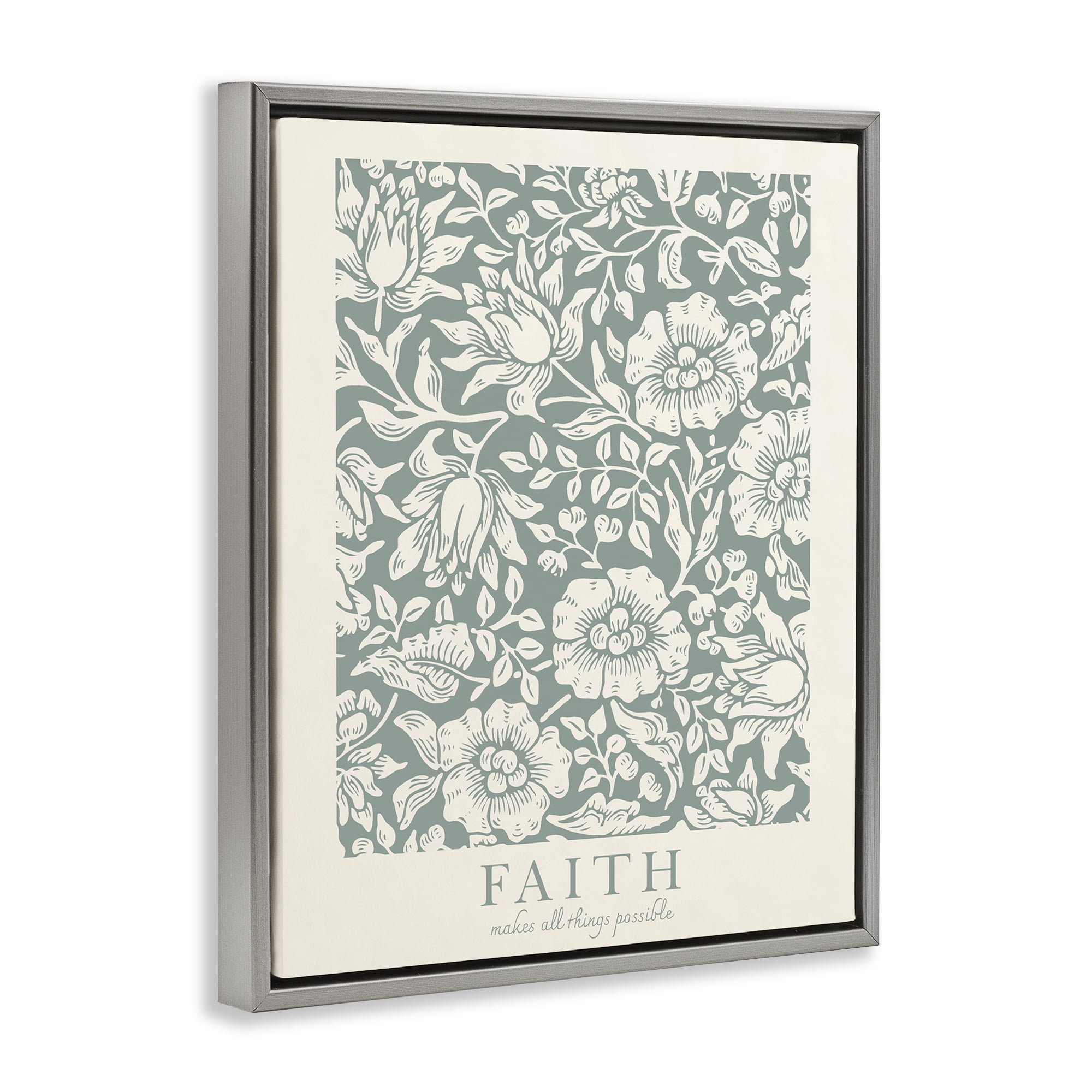 Stupell Industries Faith Quote with Floral Pattern Gray Framed Floater Canvas Wall Art, design by Wild Apple Portfolio