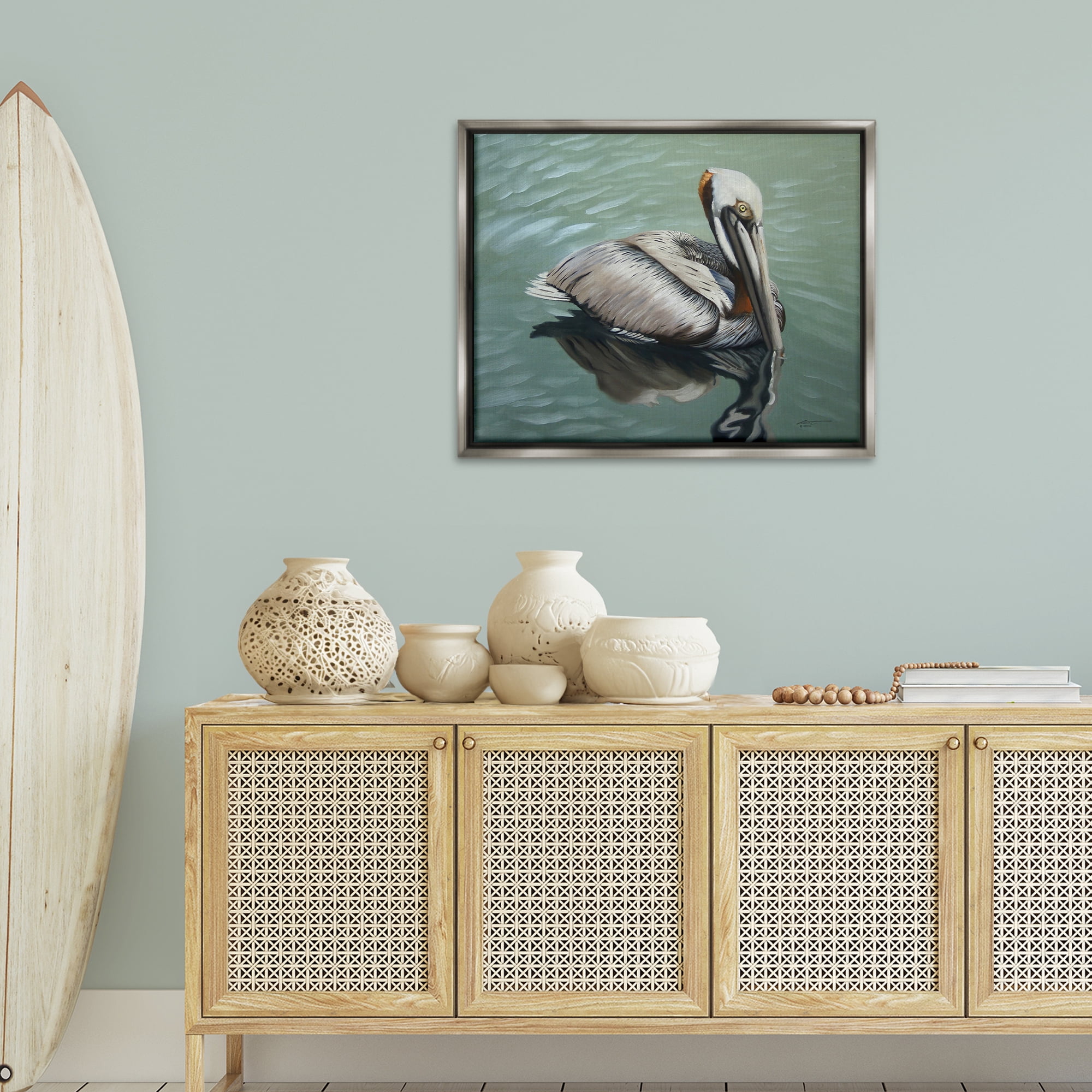 Stupell Industries Pelican Lake Reflection Animals & Insects Painting Gray Floater Framed Canvas Art Print Wall Art, 31 x 25
