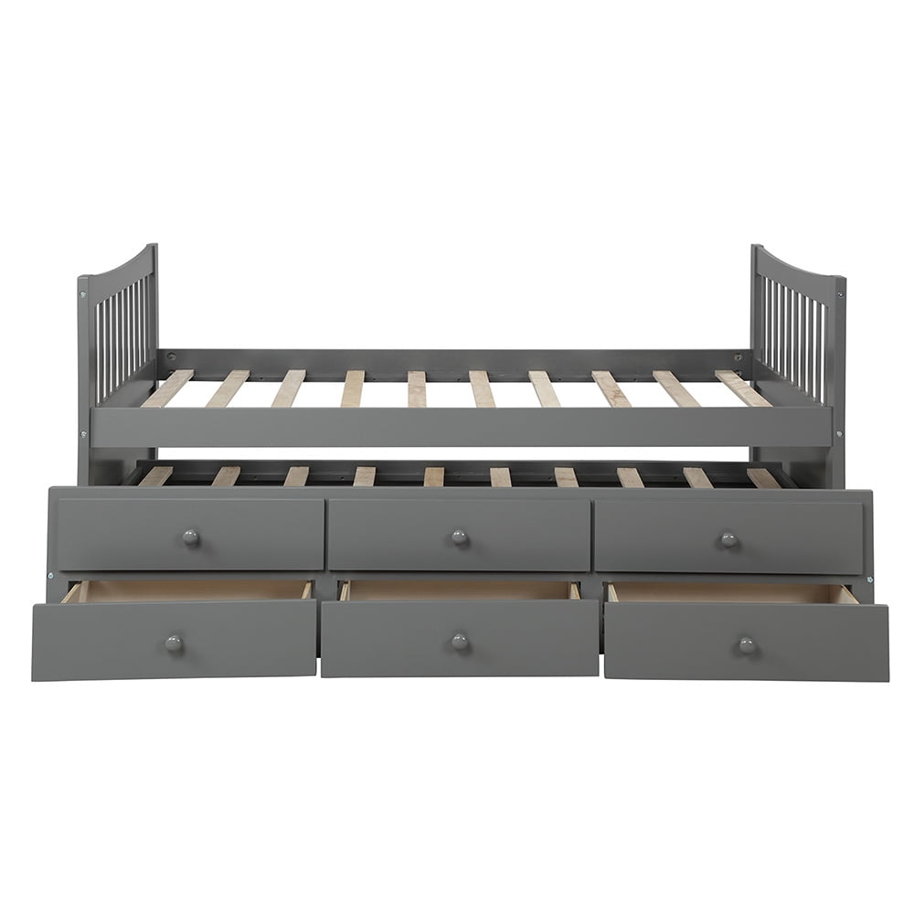 Twin Size Beds with Trundle and 3 Storage Drawers, Gray Twin Size Beds with Trundle and 3 Storage Drawers, Gray