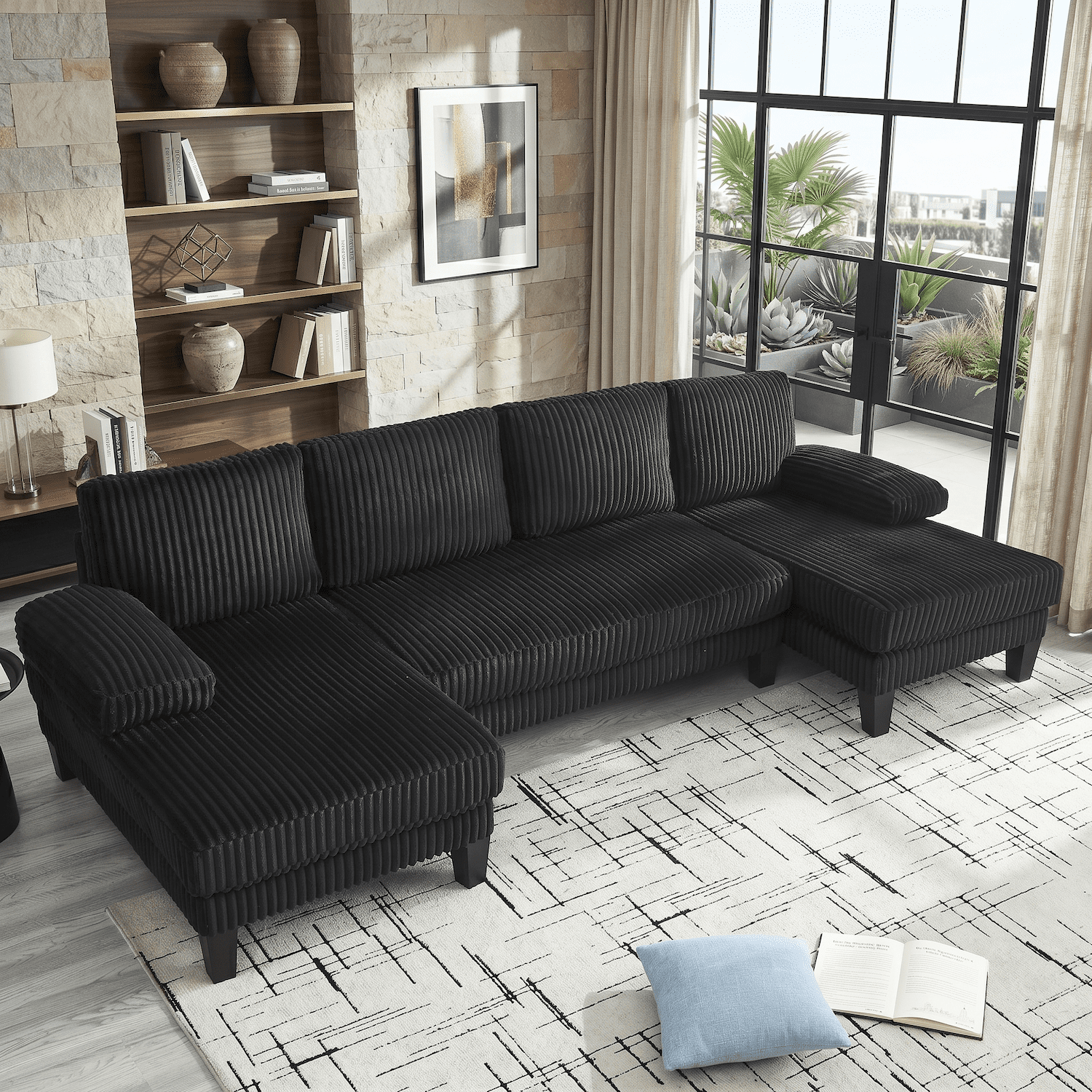 Xiweot U Shaped Sectional Sofa, Oversized 4 Seat Couch with Double Chaise, Velvet Upholstered Deep Seat Sectional Couch for Living Room Apartment