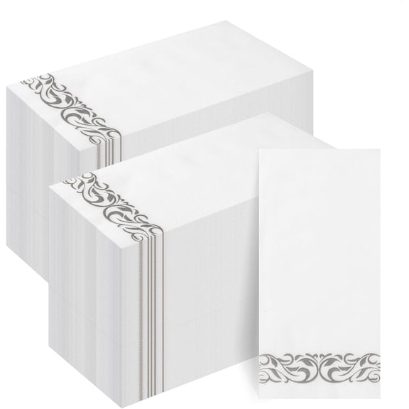 200-Pack Linen-Feel Disposable Guest Towels – Soft and Absorbent Paper Hand Towels for Bathroom or Kitchen – Elegant White Napkins with Silver Design for Parties, Weddings, Dinners Events