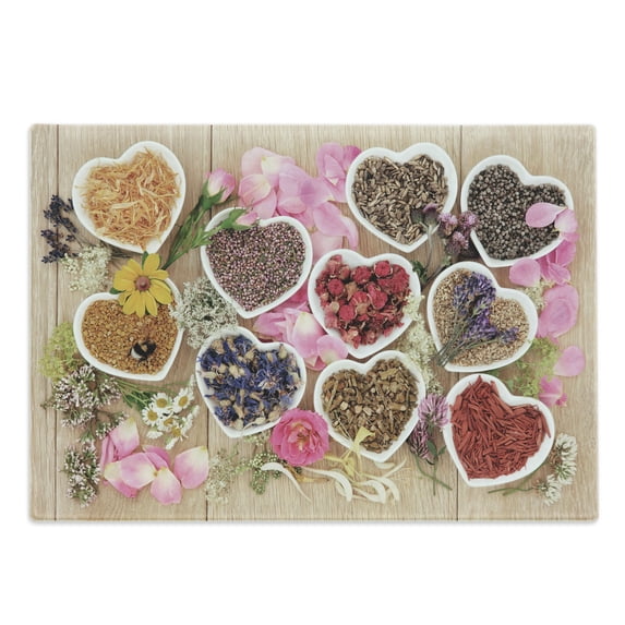 Floral Cutting Board, Healing Herbs Heart Shaped Bowls Flower Petals on Wooden Planks Print Healthcare, Decorative Tempered Glass Cutting and Serving Board, Large Size, Multicolor, by Ambesonne