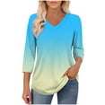 thumbnail image 5 of 3/4 Sleeve T-Shirts for Women Casual Fashion Floral Print Graphic Basic Tee V Neck Tops Summer Fall Tshirts (S, Blue|Gradient), 5 of 7