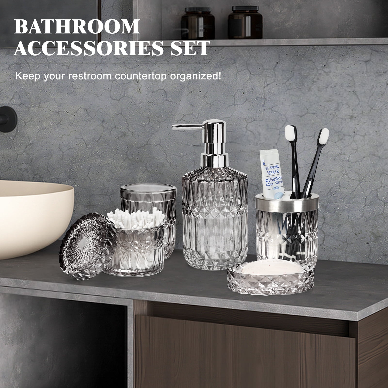 Vertical Line Glass Soap Dispenser Set, Rust-Proof Pump, Thickened Modern Bathroom Accessories for Countertop Organization & Stylish Home Decor(Grey)
