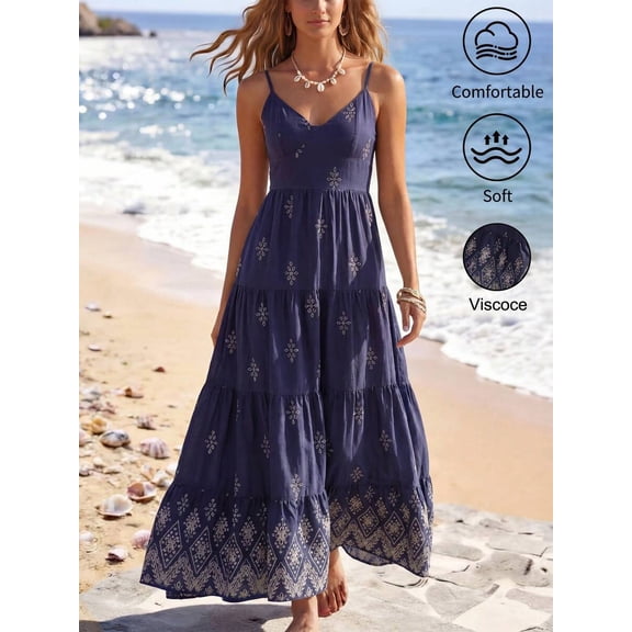 Navy Blue Vintage Floral Tiered Maxi Dress With Spaghetti Straps And Embroidered Detail For Women