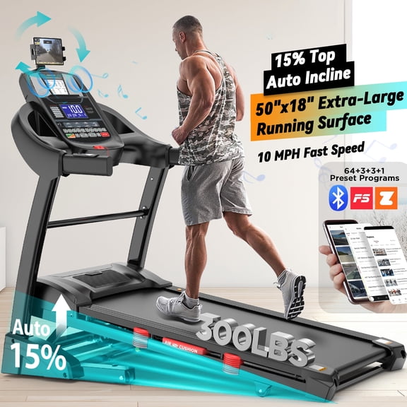 4.5HP Folding Treadmill for Home with 15 Levels Auto Incline, 300LB Capacity, 10MPH Speed Controls, App Control, New Version, Black