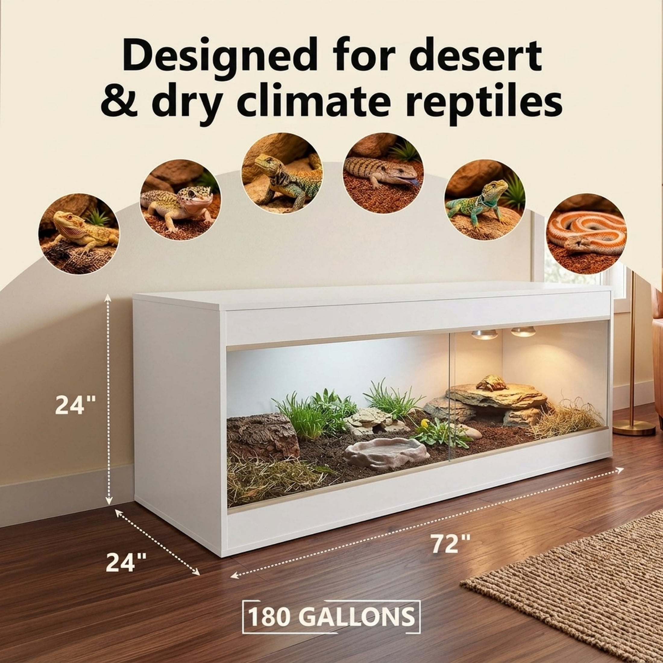 Crawl Creations 180 Gallon Reptile Enclosure, Made in USA 72" x 24" x 24" Bearded Dragon Tank with Sliding Glass Doors, Large Terrarium for Leopard Geckos, Snakes, Lizards & Tortoises - Glacier White