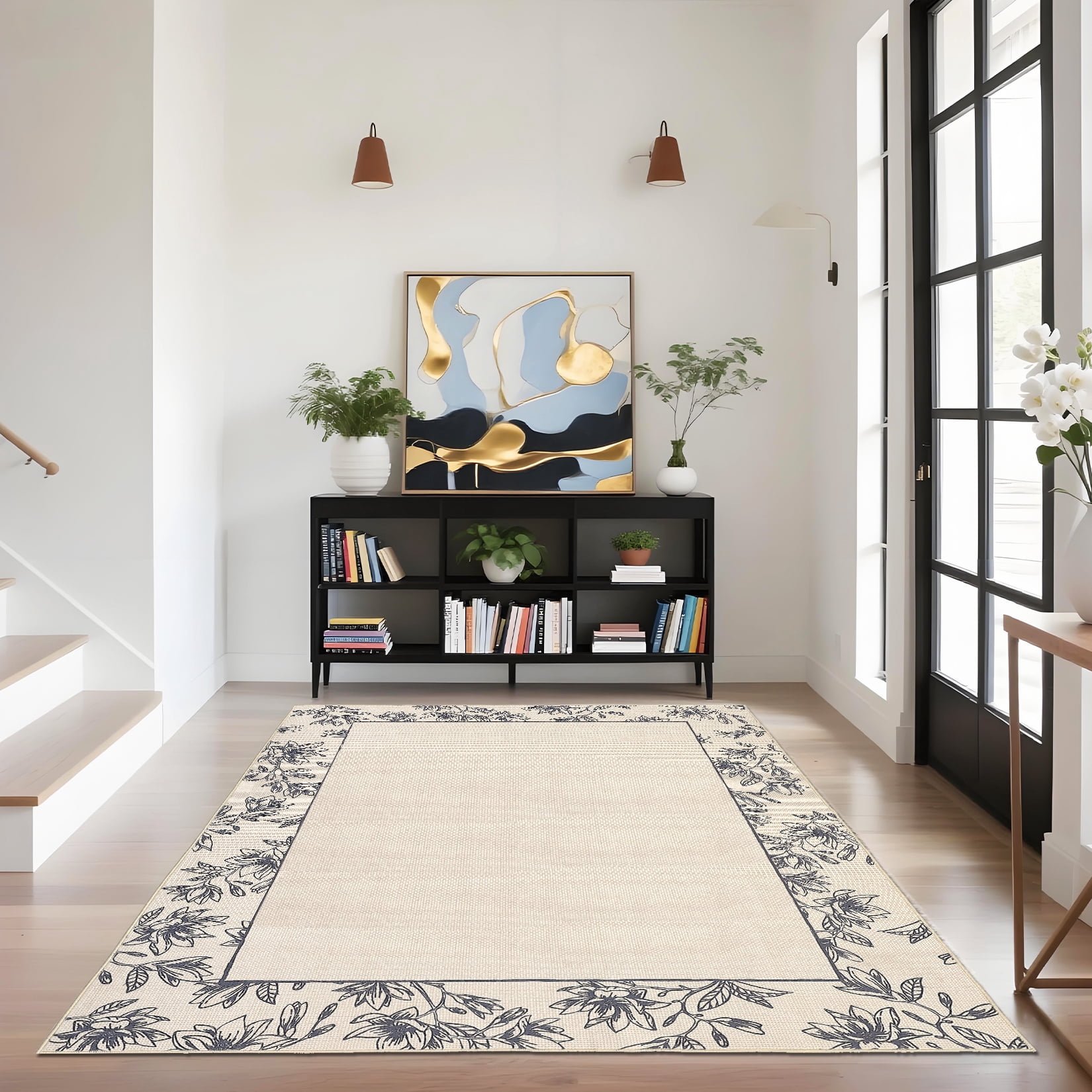 Hasoo 10' x 13' Area Rugs for Living Room Washable Vintage Floral Print Large Bedroom Indoor Modern Geometric Bordered Rug Soft Non Slip Carpet for Dining Room Apartment Office, Beige/Black