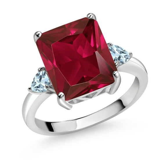 Gem Stone King 6.04 Ct Octagon Red Created Ruby Sky Blue Aquamarine 925 Sterling Silver 3-Stone Women Engagement Ring (Size 9)