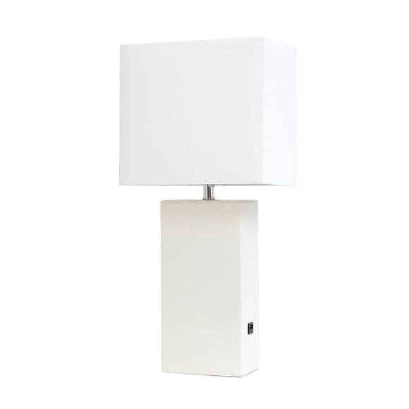 Lampe de table design moderne en cuir élégant avec abat-jour USB et tissu blanc