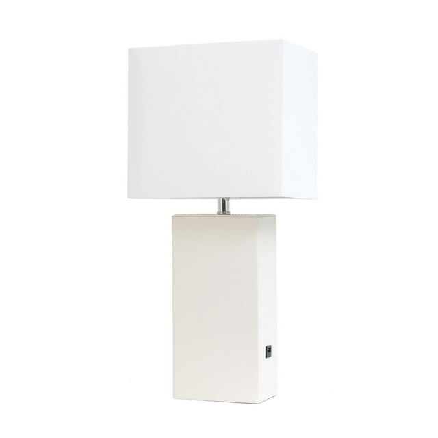 Elegant modern table lamp featuring a rectangular white leather base with USB port and a large white fabric shade.