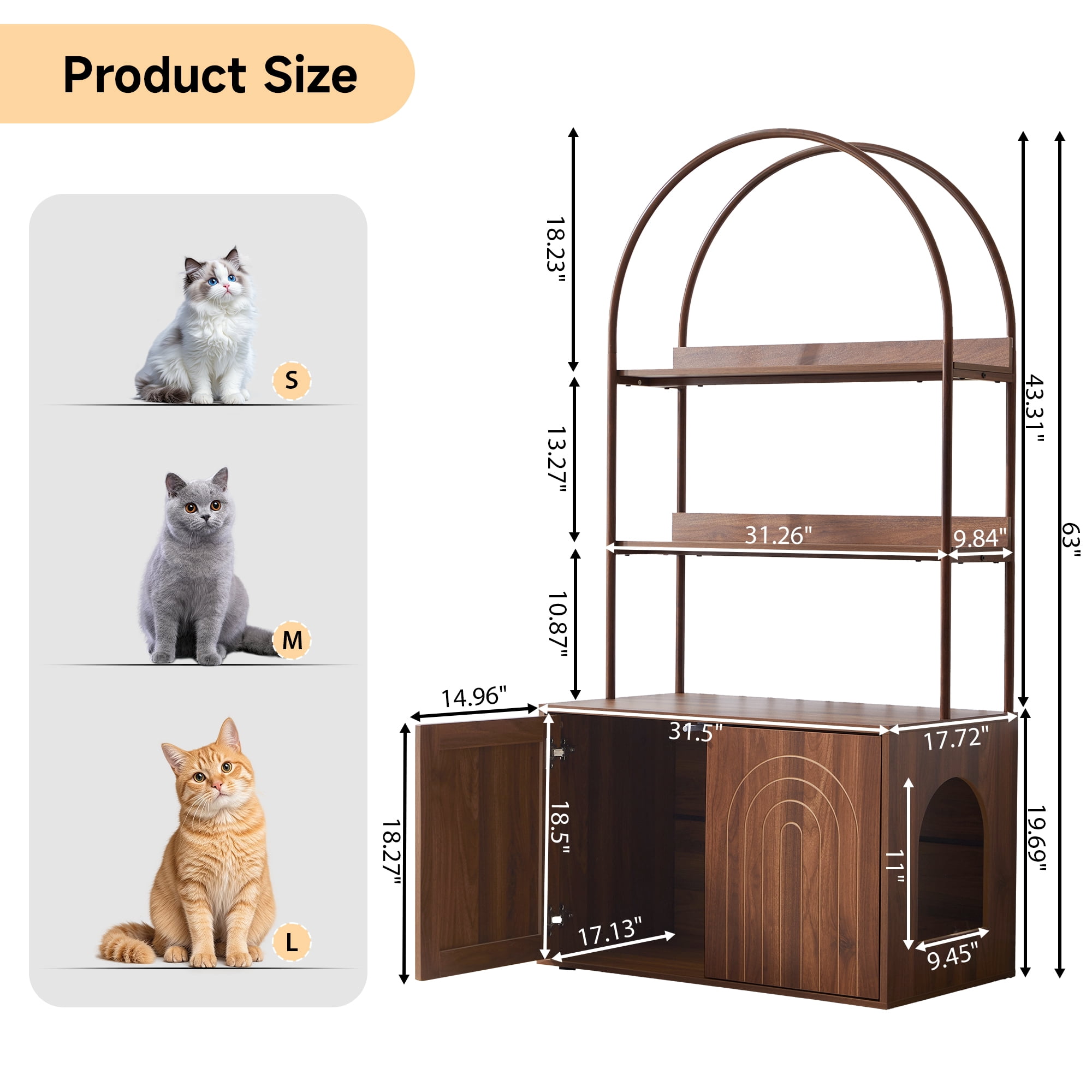 Wirrytor Walnut Cat Litter Box Enclosure With 2-Tier Display Shelves, Hidden Litter Box Furniture With Cat Perch, Modern Arched Pet Cabinet For Home Decor