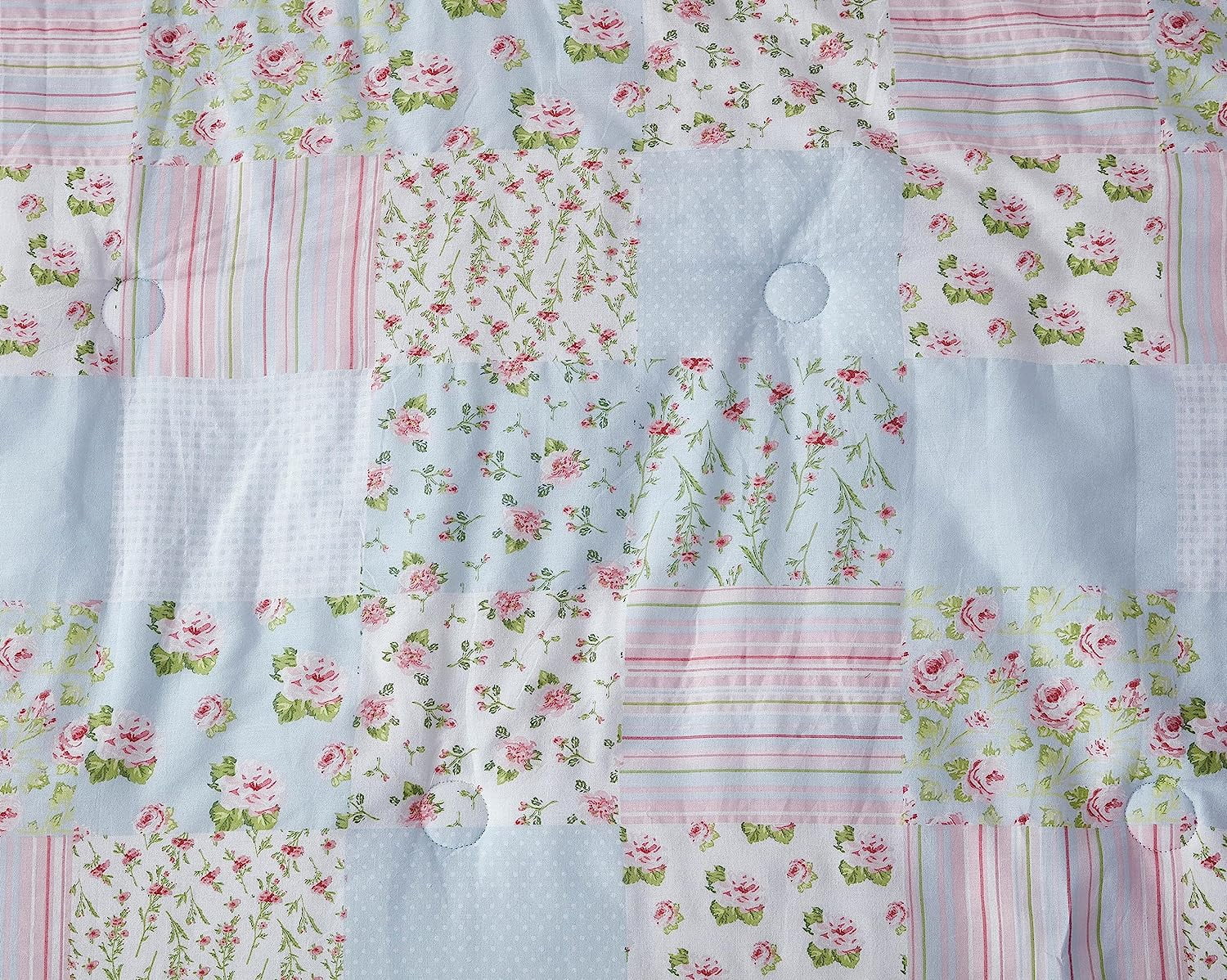 Chezmoi Collection Holly 3-Piece Washed Cotton Comforter Set Queen Size, Floral Bedding Set Blue White Pink Green Polka Dot Printed Patchwork Reversible Lightweight Comforter for All Season