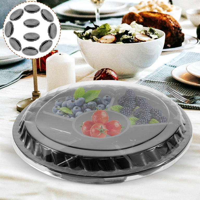 10pcs Disposable Appetizer Tray with Lid Disposable 6 Compartment Round Fruit Veggie Serving Tray, Size: 26.6X26.6X5CM