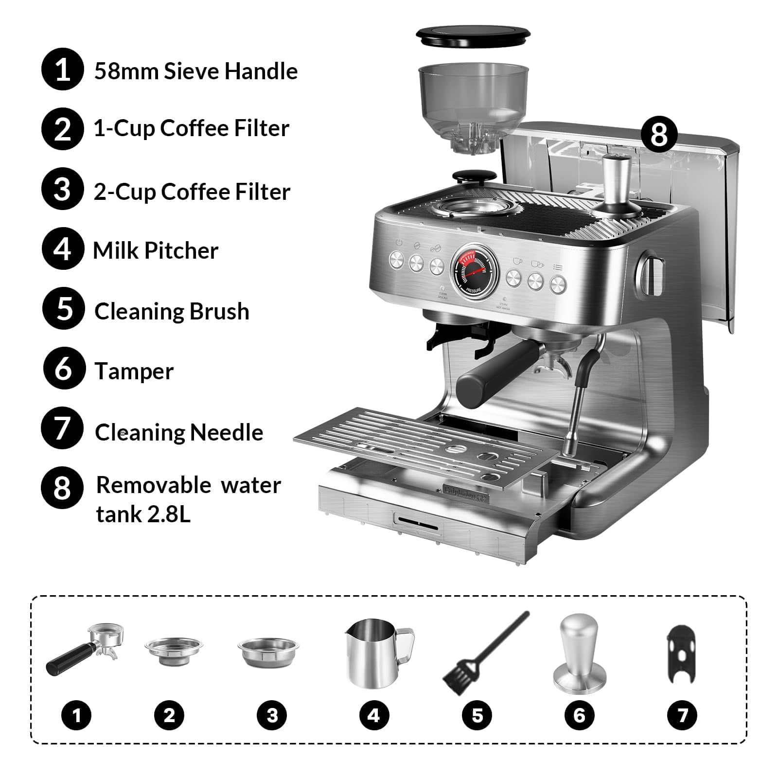 BouPower Espresso Machine, Grinder, 20 Bar Semi-Automatic Coffee Maker with Milk Frother Steam Wand, PID Temperature Control, 2.8L Water Tank,Home Espresso Coffee Maker for Latte, Cappuccino