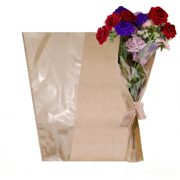 50 Pieces Paper Flower Bouquet Sleeves with Clear Front, 9.4" x 3.5" x 17.7" Flower Wrapping Bags, Floral Bags Packing Sleeve for Birthday Wedding Graduation Gift Florist Supplies