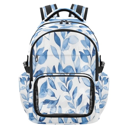 PVC Casual Backpack 25L Daypack with Laptop Compartment Lightweight Travel Backpack for Work Outdoor Activities Blue Watercolor Floral Leaves
