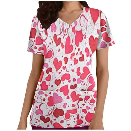 

CYMMPU Women s V-Neck Pocketed Scrub_Tops Nurse Workwear Uniform Clearance Tops Summer Tees Short Sleeve Shirts Trendy Valentine s Day Tunic Love Heart Printing Fashion Tshirts Watermelon Red L