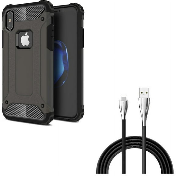 6ft USB Cable w Case for iPhone XS/X - Charger Cord Power Wire Long Sync, Hybrid Slim Fit Cover Reinforced Bumper Shock Absorbent for iPhone XS/X