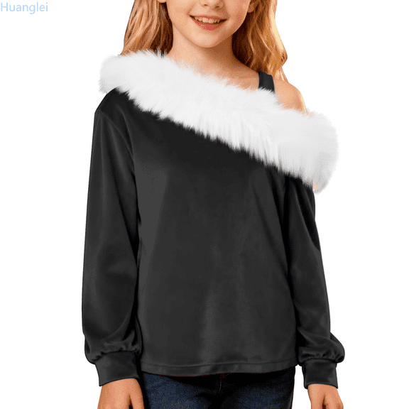 Huanglei Velvet Off Shoulder Top For Girls With Faux Trim Elegant Casual Blouse Soft Velour Long Sleeve Shirt Party Wear And Daily Outfits For Toddler And Fashion Soft Cotton Tees 2-3 Years