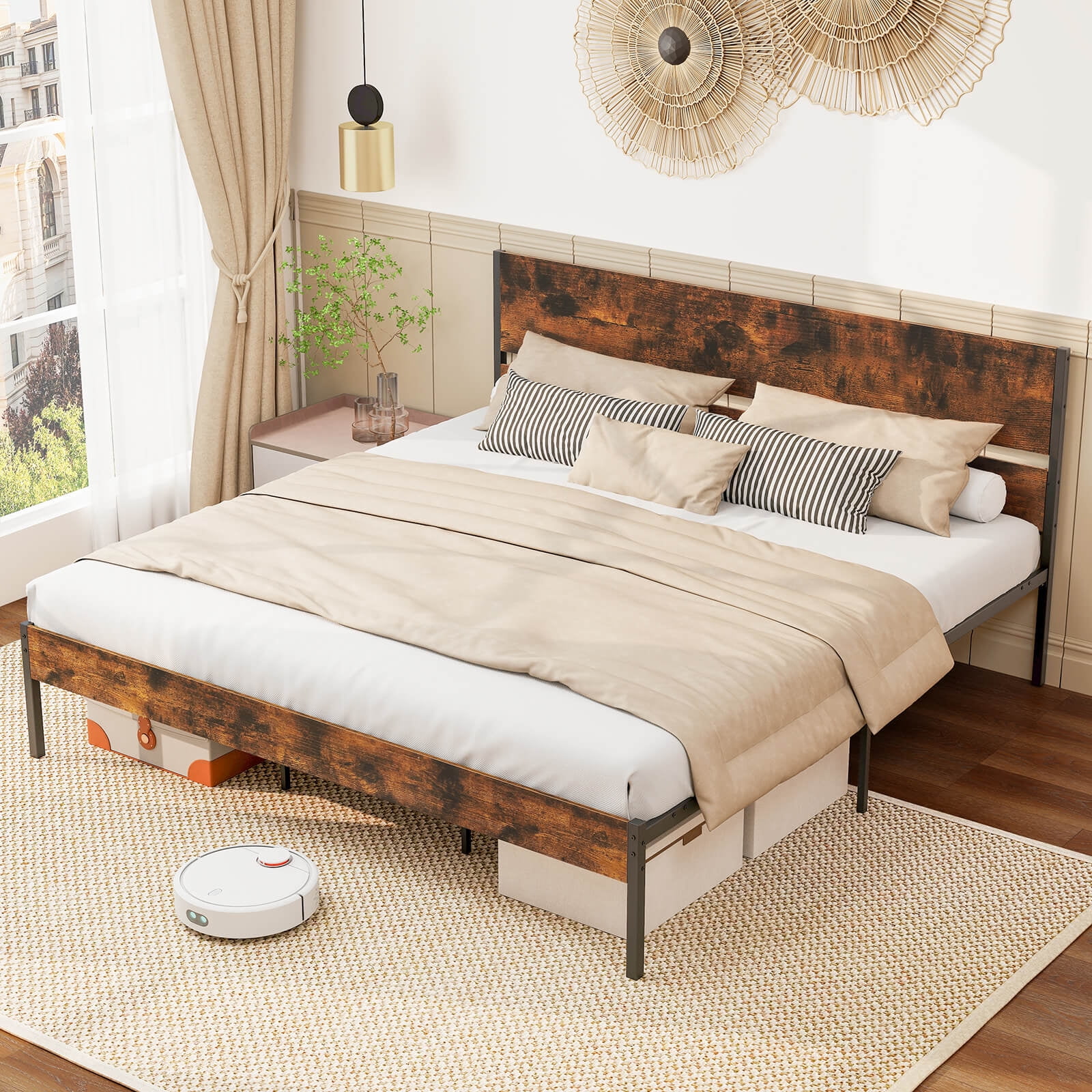 Infans King Size Bed Frame w/ Wooden Headboard Under-Bed Storage No Box Spring Needed