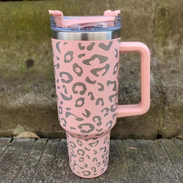 Taza térmica de acero inoxidable 304 con estampado de leopardo y asa de 40 oz para coche, con pajita, protección contra el frío