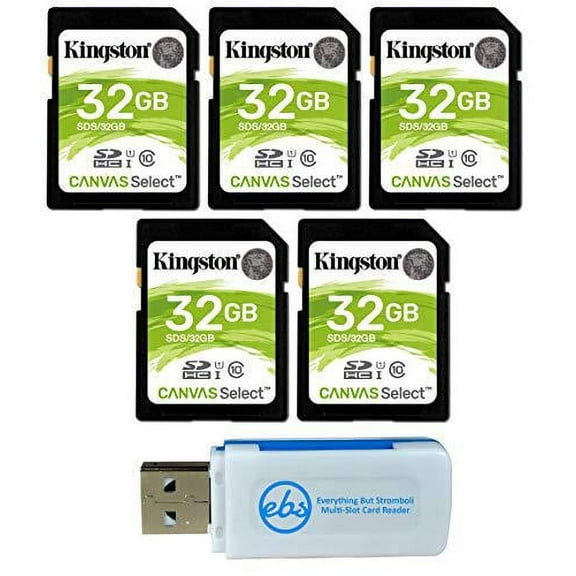 kingston 32gb sd memory card (5 pack) canvas select sdhc card class 10 uhs-1 (sds/32gb) bundle with (1) everything but stromboli sd & micro card reader