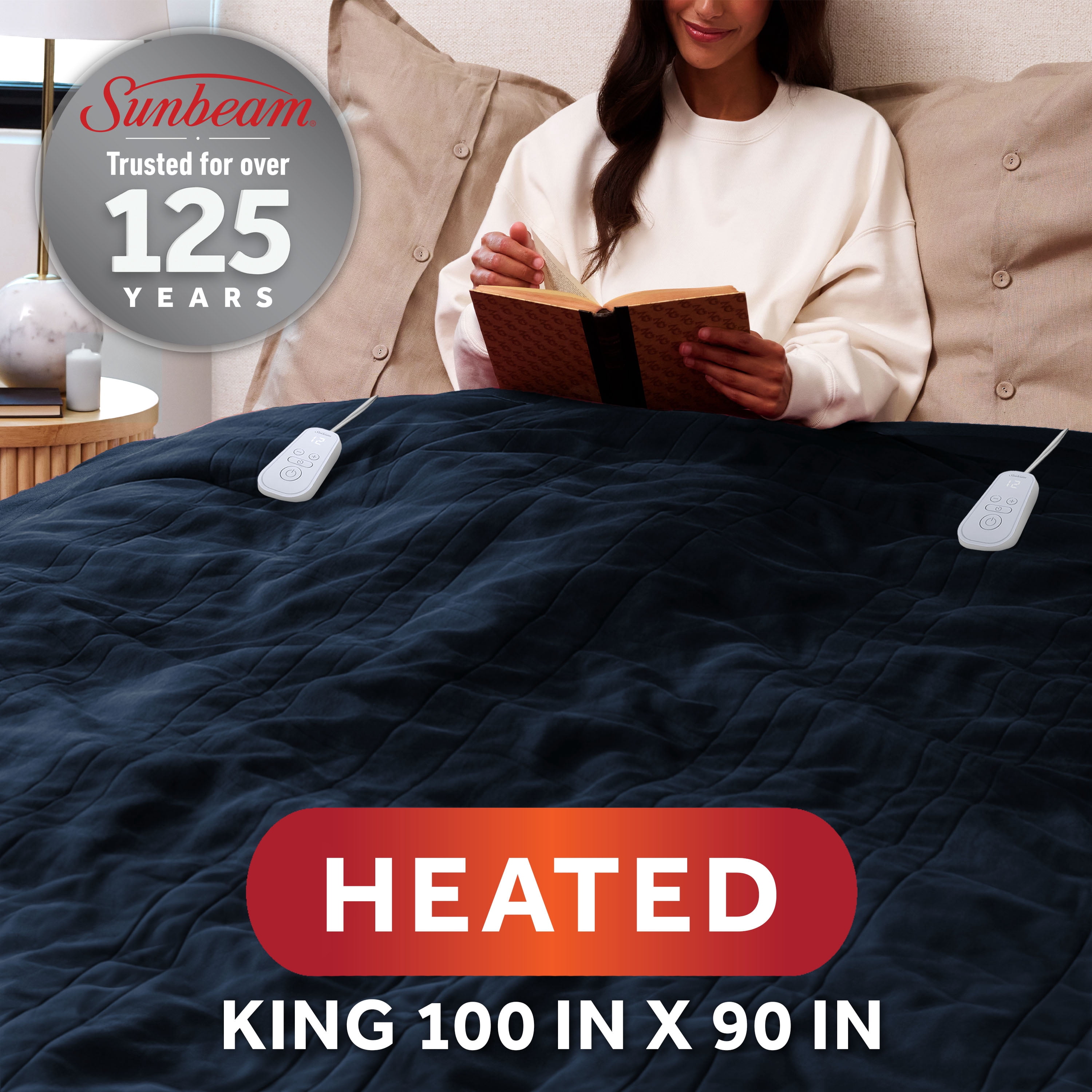 Sunbeam Heated Electric Microplush Bed Blanket, Poseidon Navy, King Size, 12 Heat Settings, 90 x 100 in