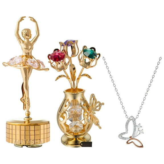 Matashi White Gold and Rose Gold Plated Butterfly Pendant Necklace with Wind-Up Music Box plays - "Swan Lake" & Gold Plated Flowers Bouquet