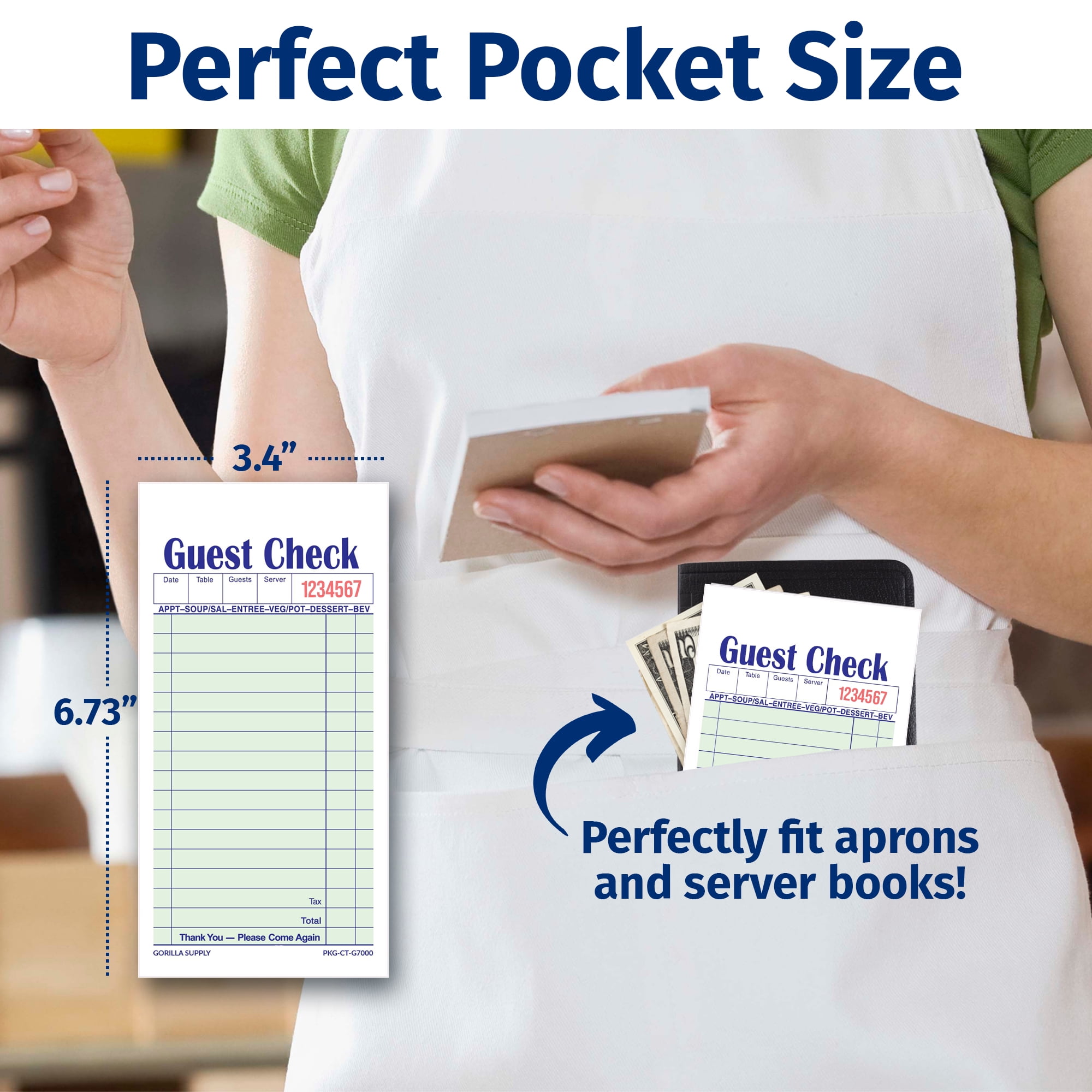 [2500] Gorilla Supply Guest Check Book 3.4" x 6.73" Server Notepads Order Pad for Waiter and Waitress, Carbonless 2-ply Perforated Checks, Green, 2500 (5 pkg x 50 Sets x 10 Books)
