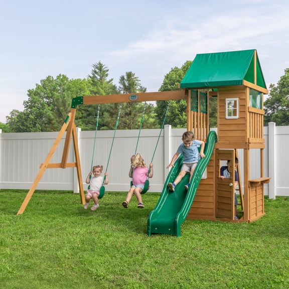 Backyard Discovery Fall River Nordic Spruce Swing Set, Slide, Clubhouse, Playhouse
