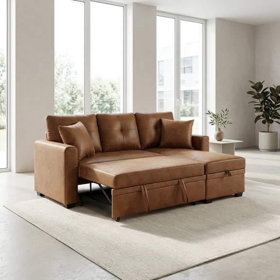 Convertible Sleeper Sectional Sofa with Reversible Chaise and Storage - Light Brown