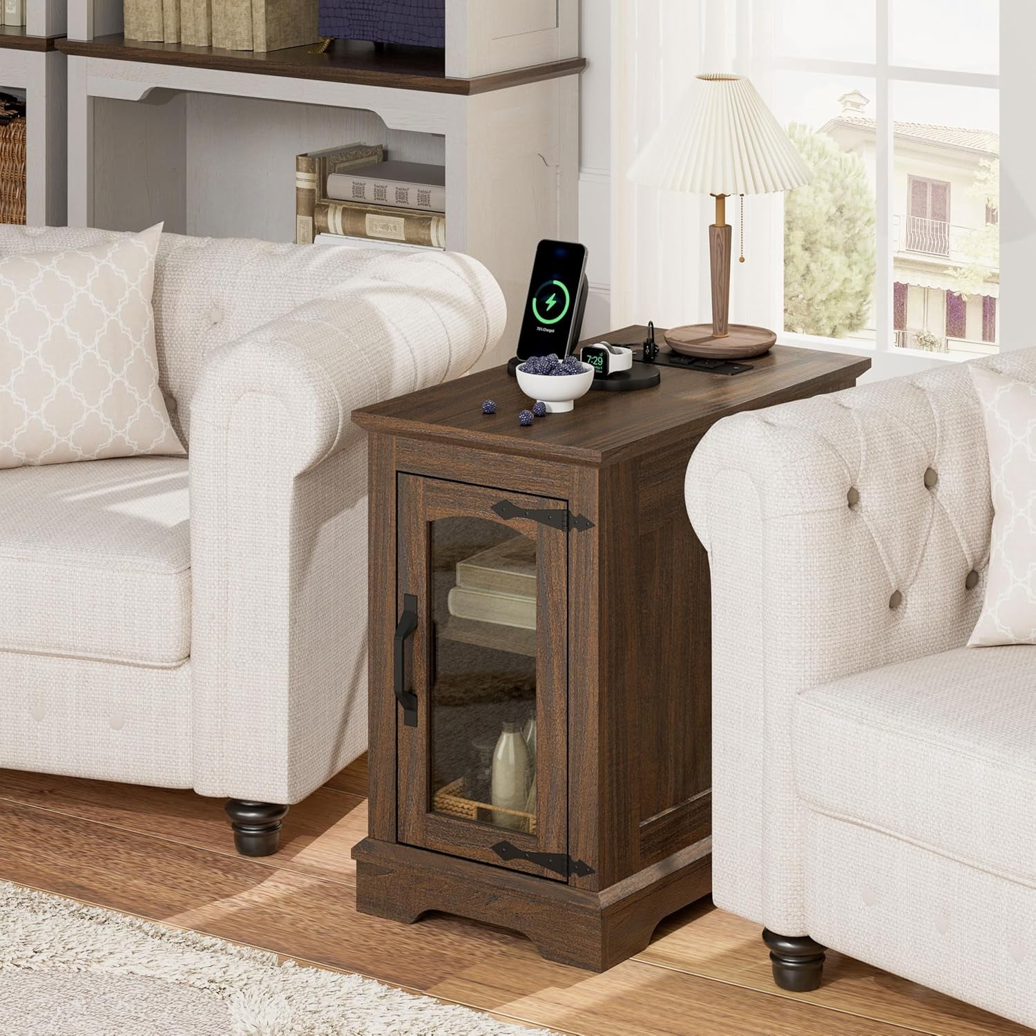 (2 pack) RTC GROUP Narrow Farmhouse End Table with Charging Station, Bedside Table with Storage Cabinet, 2 AC Outlets & 2 USB Ports, Side Table for Bedroom, Living Room, Couch or Sofa, Walnut