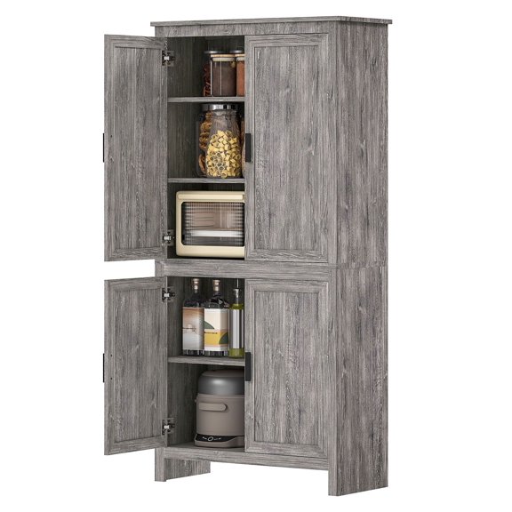 64" Kitchen Pantry, 4-Door Storage Cabinet, Adjustable Shelves, Freestanding Organizer, Gray Oak Finish