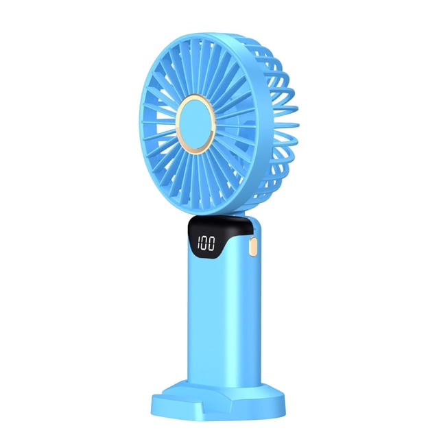 TopLLC Handheld Fan Rechargeable Silent Strong Wind Mini USB Small Fan in a vibrant blue color. The fan features a circular blade guard with a gold accent at the center and a digital display screen on the base showing the battery level. Designed with a built-in 10000mAh lithium battery, it offers up to 96 hours of continuous use. The fan includes five speed settings, a brushless motor for low noise, and can double as a phone stand. Ideal for dorms, RVs, and home offices.