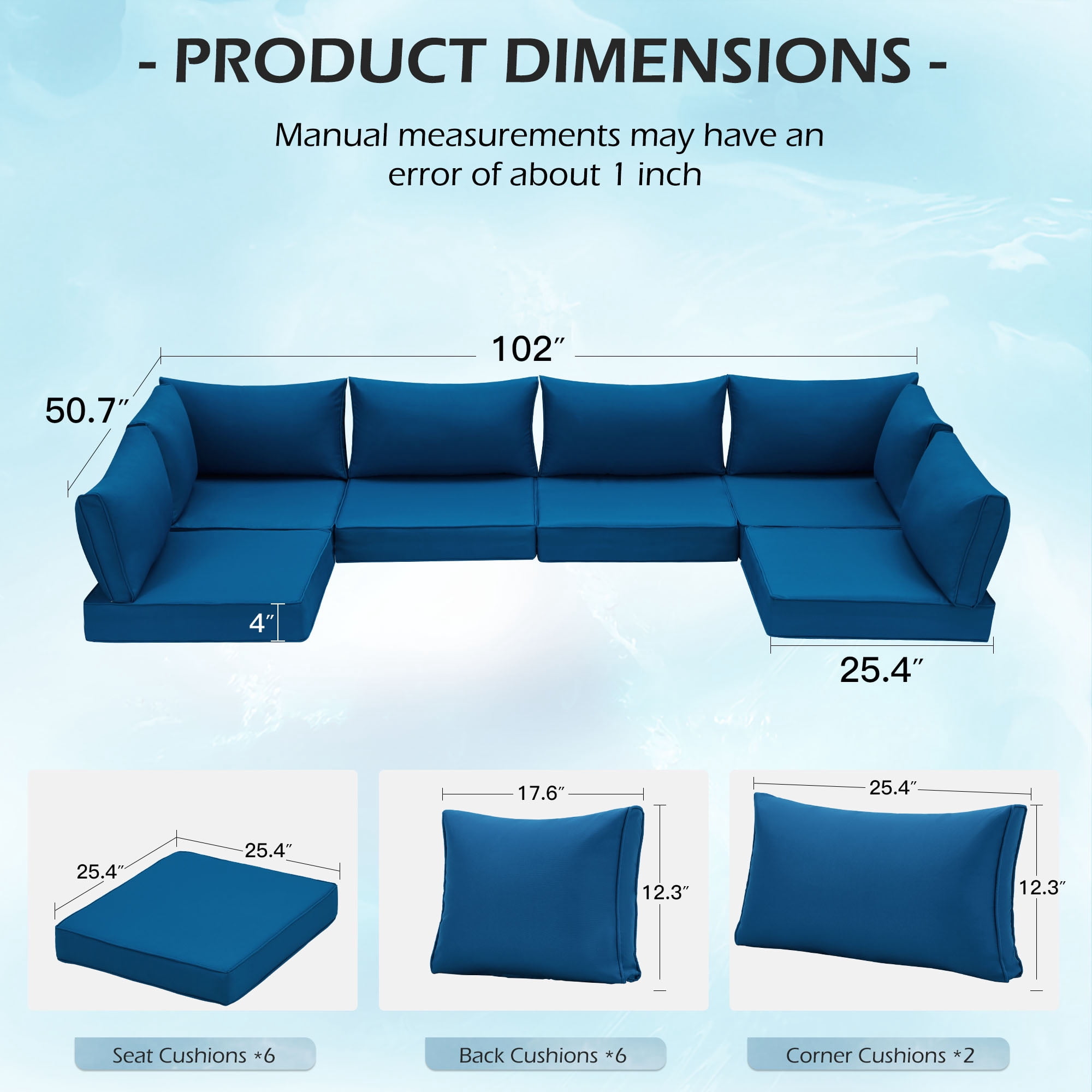 HOMREST Outdoor Replacement Cushions for Patio Furniture,Water-Repellent Sofa Cushions for 6-Seat Rattan Wicker Sectional Patio Conversation Sets,14-Piece Cushions Set for Outdoor Couch(Blue)