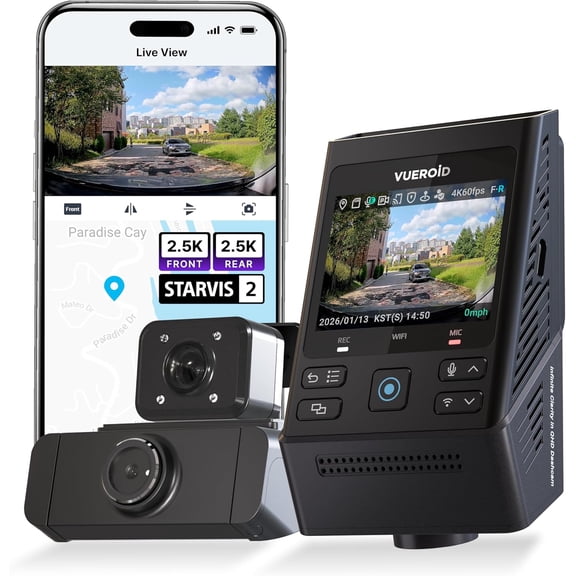 Vueroid S1 QHD Infinite 3CH Triple Dash Cam | QHD QHD 1080P Sony STARVIS 2 | GPS | Privacy Mode | CPL Filter & 256GB Card Included