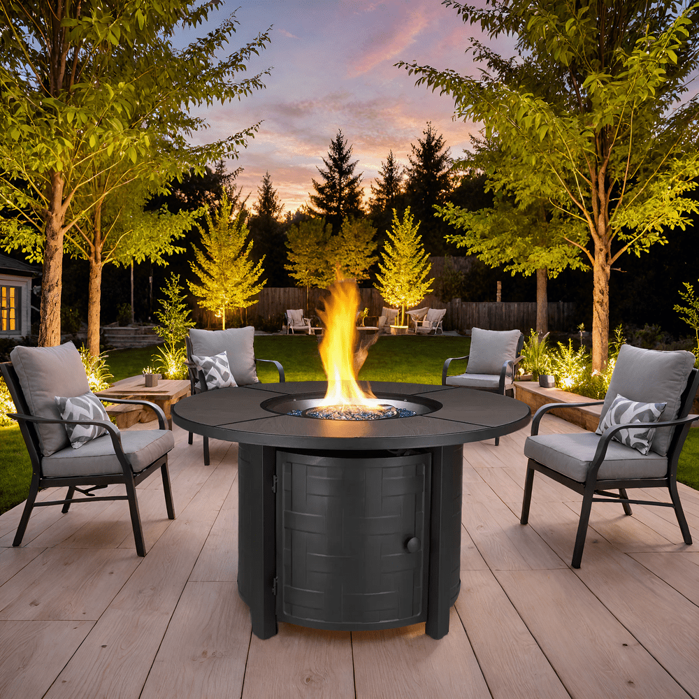 TLGREEN 42" Propane Fire Pit Table with Lid and Blue Stone, 50,000 BTU Auto-Ignition Circular Gas Fire Pit for Outdoor