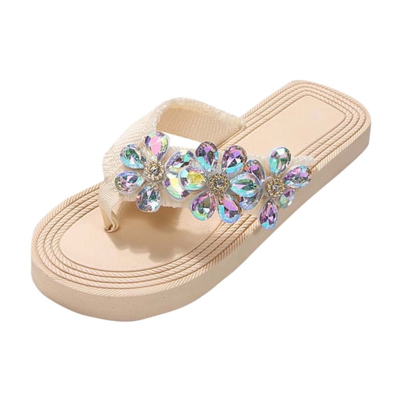 Round Toe Casual Summer Out Side Wear Rhinestones Flower Decoration Slippers Flip Flops Flats Lady Vacation Beach Sandals Beige Women Sandal