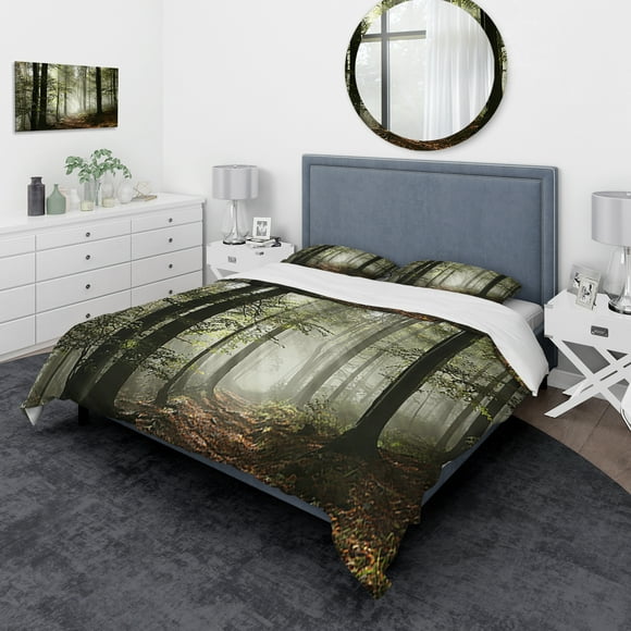 Designart - Light in Dense Fall Forest with Fog - Traditional Duvet Cover Set