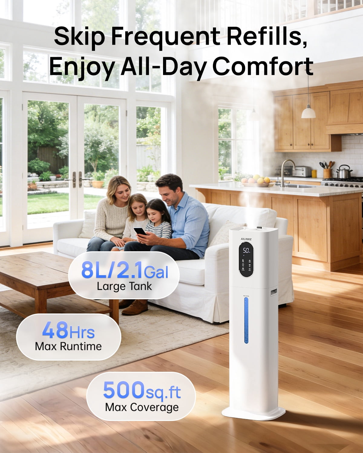 Warm Mist Humidifier, 2.1 Gallon/8 Liter Cool & Warm Mist Humidifier for Room Home, 500 Sq Ft Large Room Humidifier, White