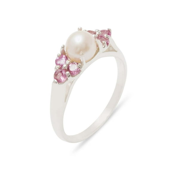 LBG British Made 14k White Gold Cultured Pearl & Pink Tourmaline Womens Cluster Ring - 33 size options - Size 10