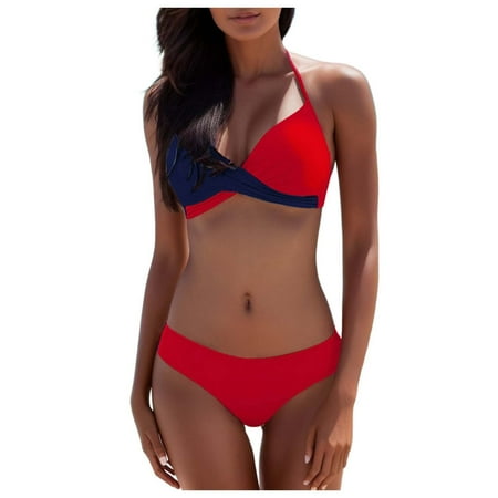 Plus Size Halter Bikini Sets For Women - Cheeky Thong Swimwear  Color Block Brazilian Bottom & Halter Top Vacation Beachwear 2025
