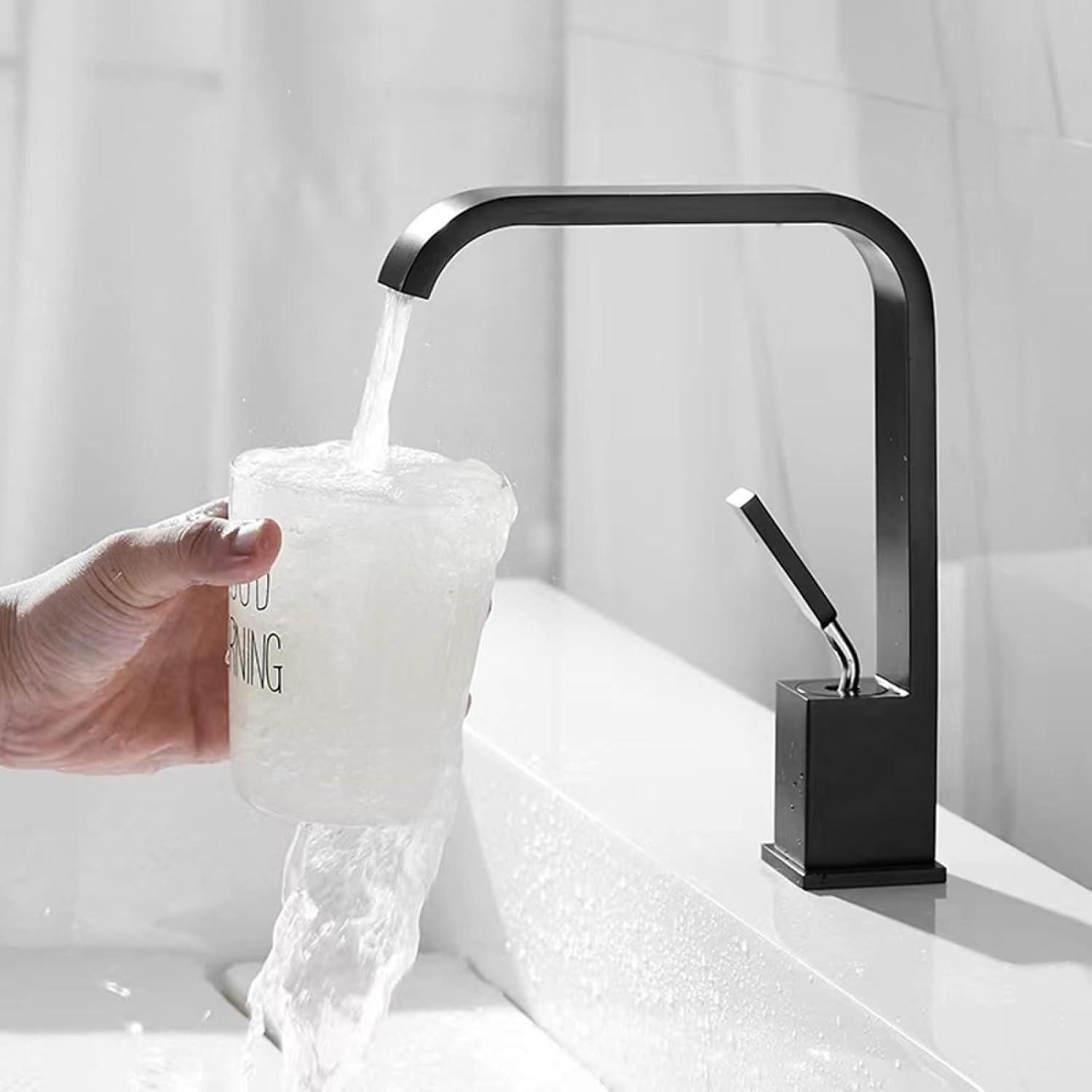 Basin Faucet Waterfall, Brass Faucet Bathroom, Sink Faucet Hot and Cold Mix Tap, Single Handle Waterfall Bathroom Sink Faucets, Black